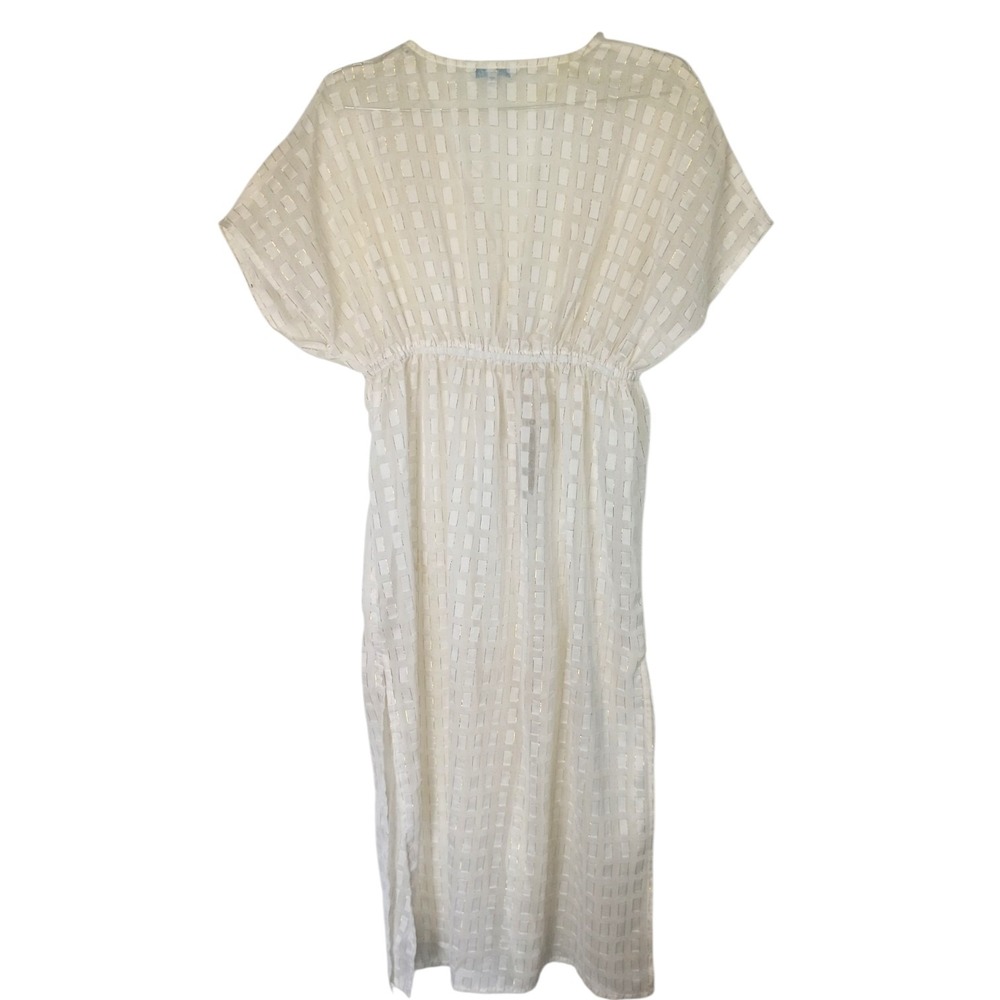 Blue Island White Gold Metallic Tassel Drawstring Swim Cover Up Kaftan S - Picture 2 of 11